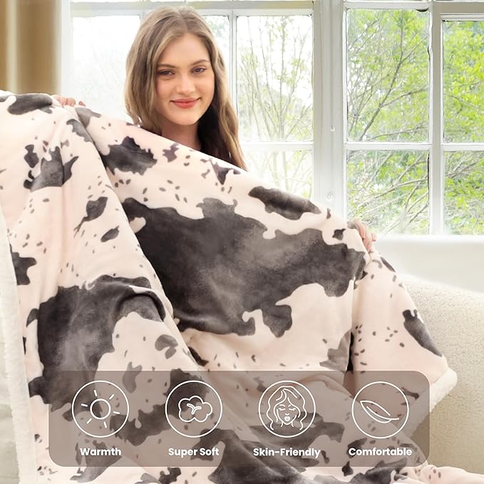 Cow Print Heated Blanket Twin-Heating Electric Blanket Twin with 10 Heat Levels & 10 Hours Auto-Off, Cozy Soft Fleece Sherpa, Washable, 62 x 84 Inche Cow Print Light Coral
