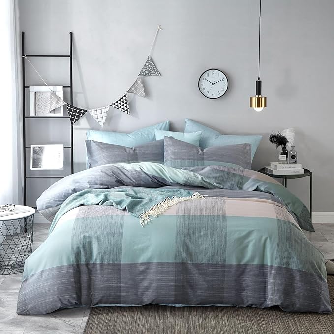 mixinni Simple Patchwork Print Comforter Set Queen Size Bed Fluffy Blue Mint Green Geometric Pattern Comforter for Boys Women and Men, 1 Modern Comforter and 2 Pillowcases for All Season-Queen Size