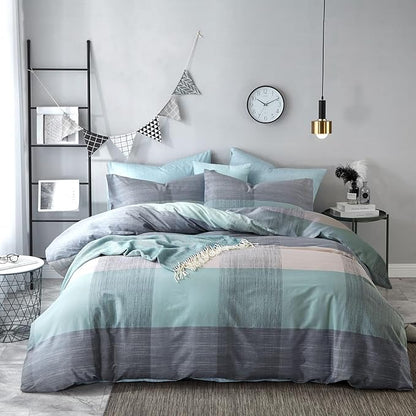 mixinni Simple Patchwork Print Comforter Set Queen Size Bed Fluffy Blue Mint Green Geometric Pattern Comforter for Boys Women and Men, 1 Modern Comforter and 2 Pillowcases for All Season-Queen Size