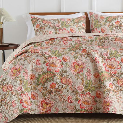 Quilt Set King Size Floral Patchwork Quilted, Soft Comforter Set Bedding Sets, Coverlet Bedspread Decorative Quilts with 2 Pillow Shams, (90"x104", 3 Pieces)