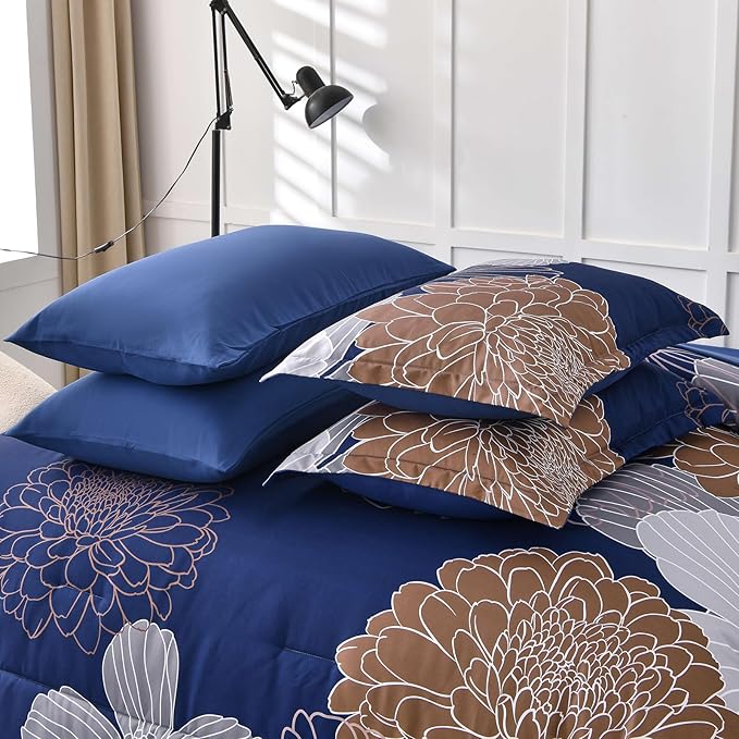 Yiran 7 Pieces Floral Comforter Bedding Sets Bed in a Bag Navy Brown Soft Microfiber Comforter Set with Comforter, Sheets, Pillowcases & Shams King Size 104"×90"