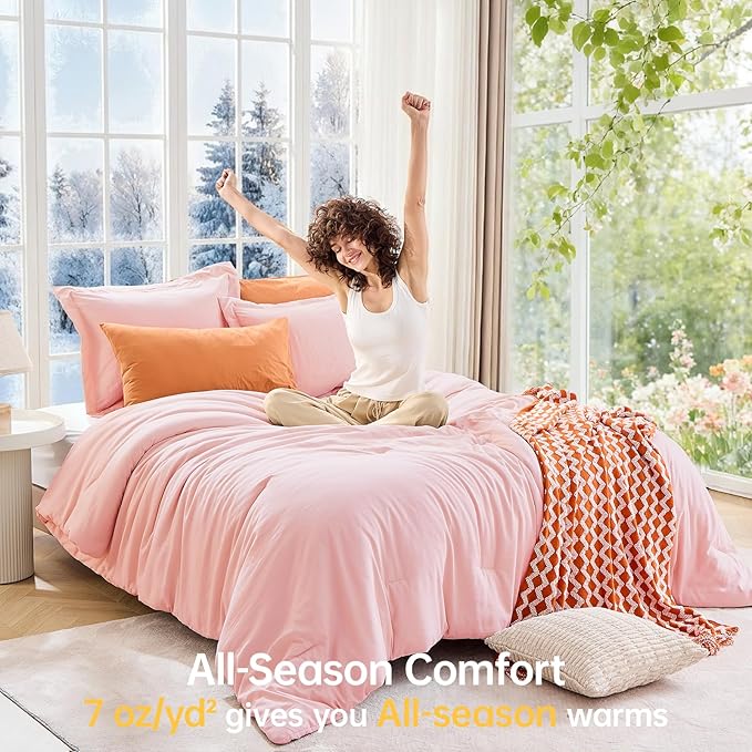 MUXHOMO Queen Comforter Set, All Season Ultra Soft Down Alternative Bedding - 3 Piece Lightweight Bed Set Includes 1 Comforter (90"x90") and 2 Pillow Shams (20"x26"), Blush
