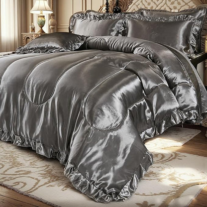 Grey Comforter Set with Satin Sheet Set Queen 8 Pieces Silk Like Satin Bedding Set Luxury Silky Ruffle Pattern Home Deocr Sexy Hotel Silky Bed Set with 1 Cushion Cover