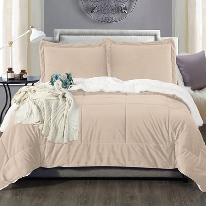 Elegant Comfort Super Soft Sherpa Comforter 3-Piece Set Premium Quality, Heavy Weight Reversible Down Alternative Micro-Suede, Sherpa Comforter, Full, Taupe
