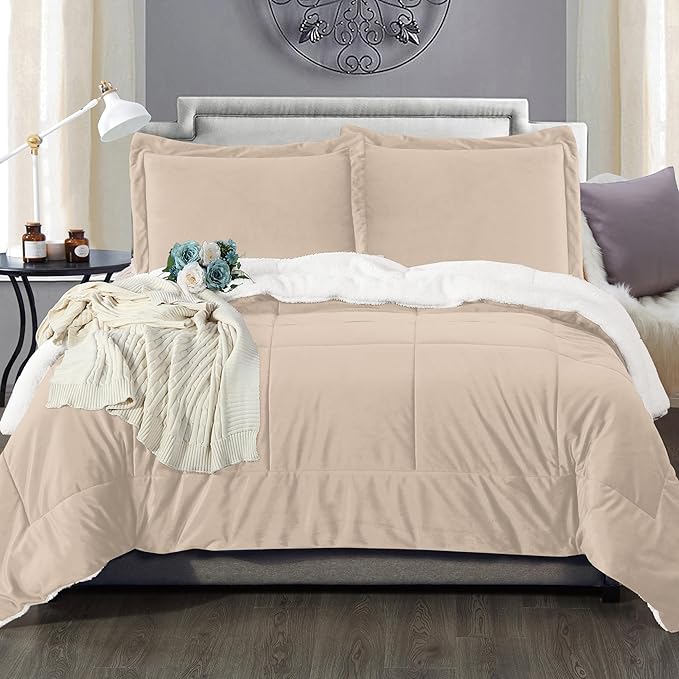 Elegant Comfort Super Soft Sherpa Comforter 2-Piece Set Premium Quality, Heavy Weight Reversible Down Alternative Micro-Suede, Sherpa Comforter, Twin XL, Taupe