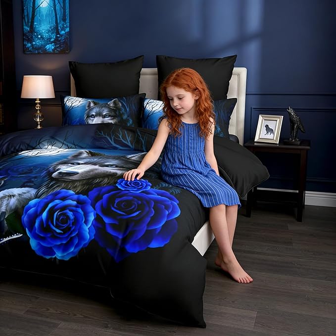Wolf Comforter Set Queen Size, Western Blue Floral Microfiber Bedding Set, Farmhouse Rose Moon Night Bedroom Decor for Adult Women, 90"x90"