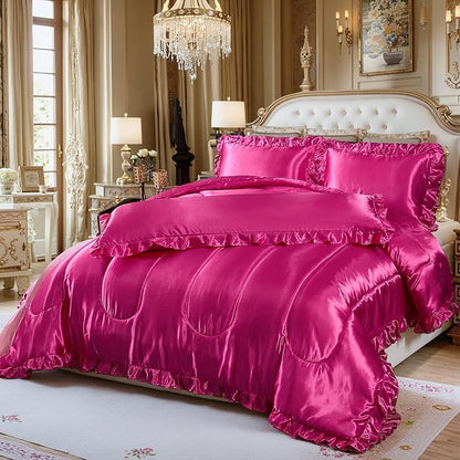 Hot Pink Queen Comforter Set Silk Like Satin Bedding Set 4 Pcs Hotel Soft Polyester Satin Bed Set Luxury Silky Body Pillow Cover Ruffle Down Comforter Home Decor