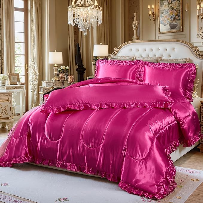 Bedding_Dreamer Satin King Comforter Silk Like Beddings Hotel Soft Polyester Hot Pink Bed Set Luxury Silky Body Pillow Cover Ruffle Home Decor