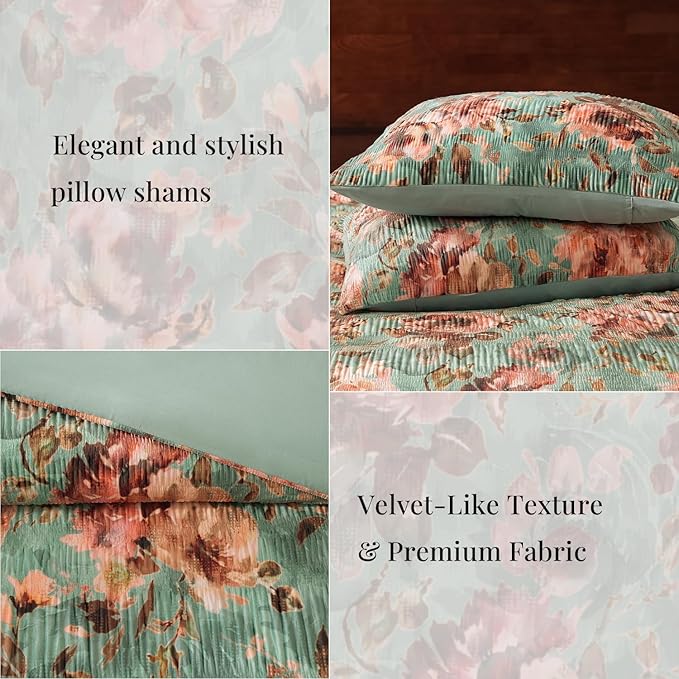 CASAAGUSTO Queen Comforter Set, 7 PCS Sage & Red Floral Comforter Set with Flowers Leaves Pattern, Soft Velvet Design for Winter Queen Size Bedding Set(90"X90")