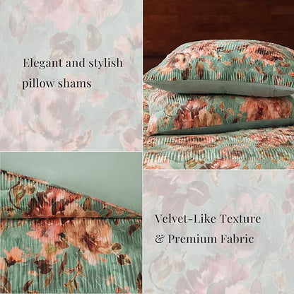 CASAAGUSTO Queen Comforter Set, 7 PCS Sage & Red Floral Comforter Set with Flowers Leaves Pattern, Soft Velvet Design for Winter Queen Size Bedding Set(90"X90")
