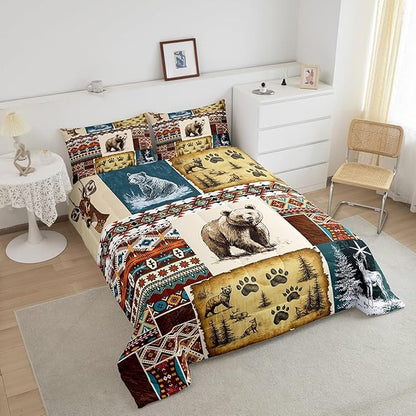 Erosebridal Rustic Cabin Comforter Set Bohemian Aztec Quilt,Woodland Animals Bear Moose Elk Deer Bedding Sets Queen,Indian Tribal Geometric Diamond Duvet Insert Retro Western Home Decor