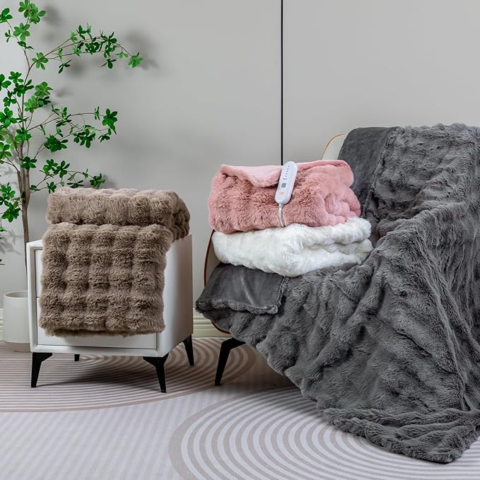 Heated Blanket Electric King- 100"x90" Soft Thick Bubble Electric Blanket for Sofa with 5 Heat Levels & 10 Hours Auto-Off Overheat Protection, Warm Cozy Gifts, Beige