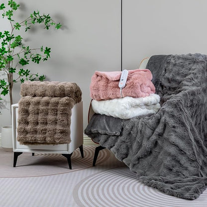 Heated Blanket Electric King- 100"x90" Soft Thick Bubble Electric Blanket for Sofa with 5 Heat Levels & 10 Hours Auto-Off Overheat Protection, Warm Cozy Gifts, Light Grey