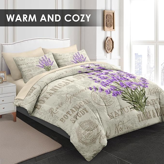 Comforter Set Full Size, Lavender Flower Vintage 7 Pcs Bedding for Kids and Adults, Retro Botanical Plant Purple Bed Sheet Sets with Fitted Sheet 2 Pillowcases & 2 Shams for Bedroom Bed Decor