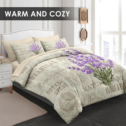 Comforter Set Twin Size, Vintage Lavender Flower 5 Pcs Bedding for Kids and Adults, Retro Botanical Plant Bed Sheet Sets with Fitted Sheet Pillowcase & Sham for Bedroom Bed Decor