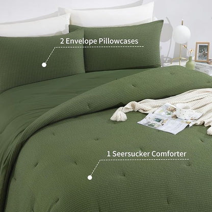 HOMBYS 3 Piece Seersucker Oversized King 120x120, Breathable Olive Green Soft Lightweight Bedding Comforter Sets with Comforter for All Season