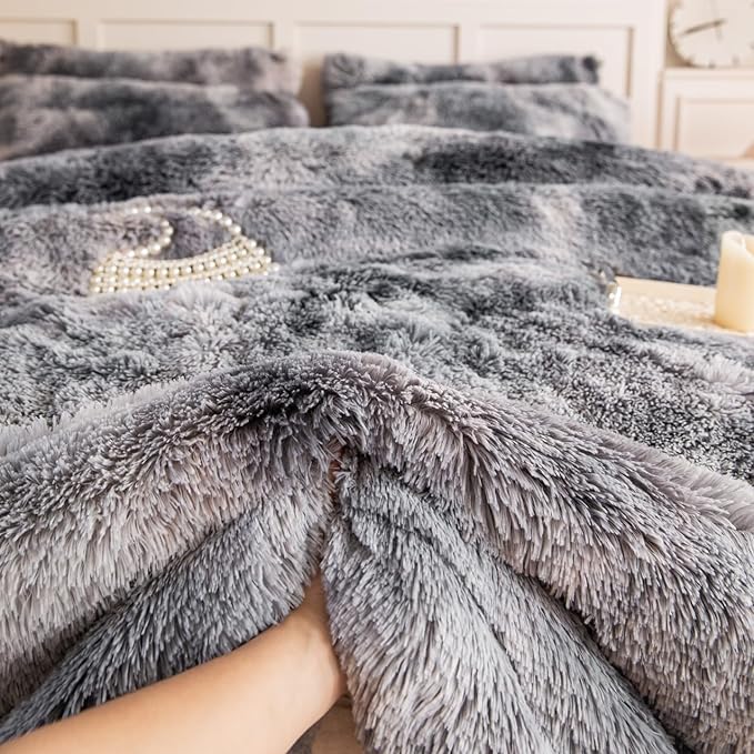 chovy Faux Fur Plush Tie-Dyed Black White Gray Colorful Comforter Sets Twin/Full Size - Ultra Soft Shaggy Flannel Velvet Fluffy Fuzzy 3PC Bedding Set (Comforter x 1 Pillowcases x 2)