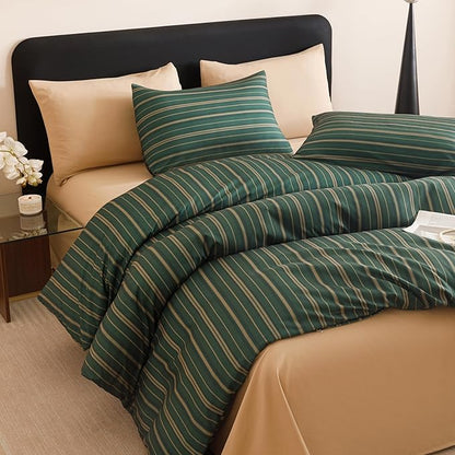CLOTHKNOW Green Striped Queen Comforter Set Farmhouse Bedding Comforter Sets Ticking Comforter Queen Hunter Green Comforter Soft Boho
