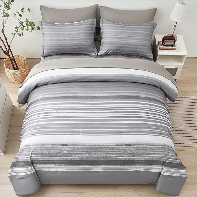 KAKIJUMN 5 Piece Bed in a Bag Stripe Comforter Set Twin Size, White Grey Patchwork Striped Comforter and Sheet Set, All Season Soft Microfiber Complete Bedding Set(Light Grey,Twin)