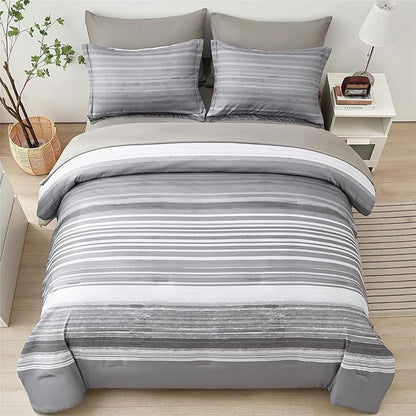 KAKIJUMN 5 Piece Bed in a Bag Stripe Comforter Set Twin Size, White Grey Patchwork Striped Comforter and Sheet Set, All Season Soft Microfiber Complete Bedding Set(Light Grey,Twin)