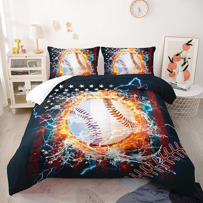 Kids Baseball Comforter Sets King，Bedding Sets 3PCS for Kids,Sports Theme Bedding Sets Sets All Season 1 Comforter and 2 Pillowcases