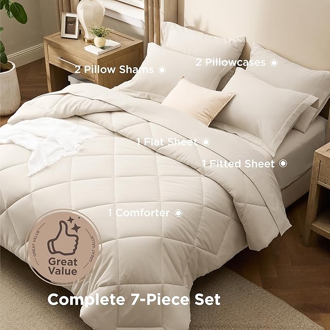 Bedsure 7 Pieces Queen Comforter Set Premium Series, Hotel Luxury Soft Bed in a Bag, Goose Down Alternative, Safe for Sensitive Skin Bedding Comforter All Season Medium Warmth, Beige Queen Size