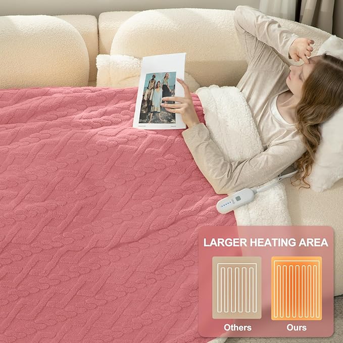 Heated Blanket Twin Size 62"X84" Pink - Soft Thick Warm Sherpa Electric Blanket for Winter with 5 Fast Heating Levels & 10hrs Auto Off for Women Gift, Overheating Protection for Office Bed