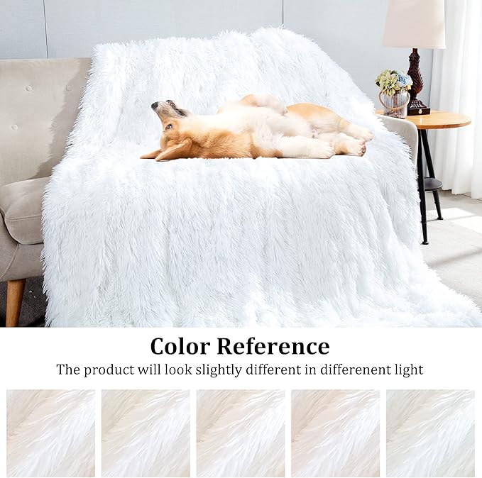 JONIYEAR Extra Large Decorative Fluffy Faux Fur Blanket Full Size 71" x 80", Soft Luxury Lightweight Furry Blankets, Accent Cozy Shaggy Plush Fuzzy Blankets for Bed, Thick Warm Winter Blanket, White