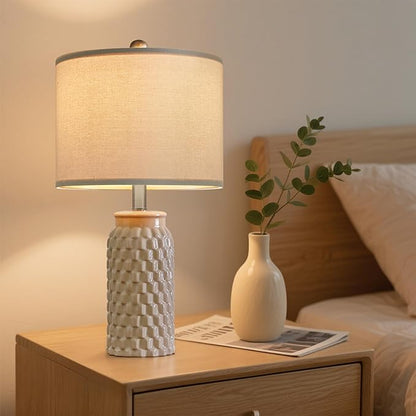 20.5" Set of 2 Bedside Table Lamps Modern Cream Honeycomb Ceramic - Linen Shade, E26 Knob Switch for Living Room, Bedroom & Nightstand