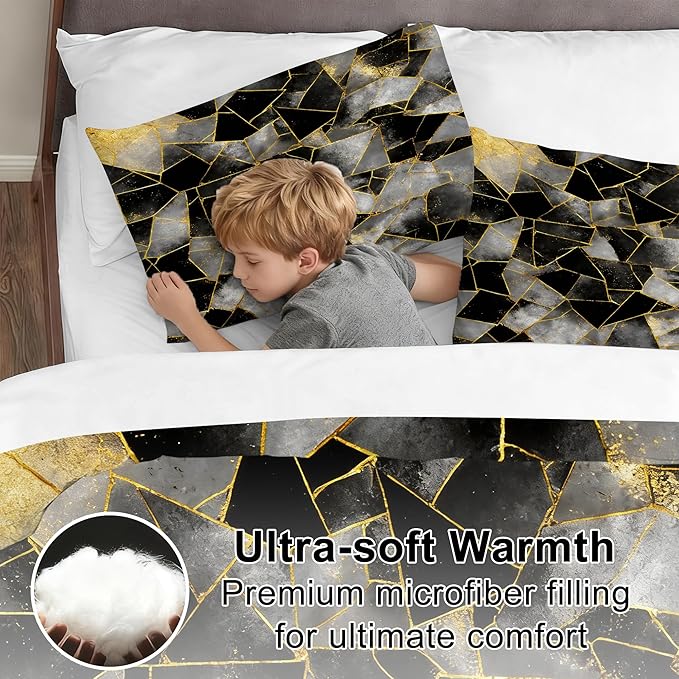 Abstract Geometric Marble Bedding Set Full Size for Boys Kids Adults, Modern Black Grey Gold Marbled Comforter Set Gold Lines Marbling Bed Set for Bedroom Decor with 1 Comforter + 2 Pillowcases
