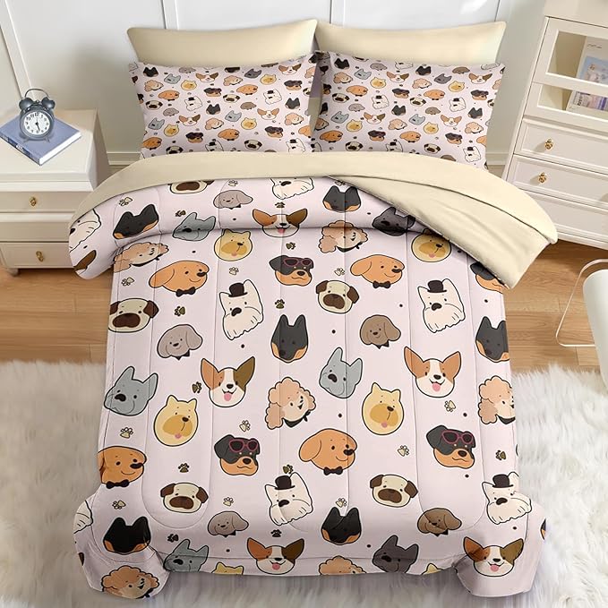 Nesker 7 Pcs Comforter Set Queen Size, Kids Cute Cartoon Pug Puppy Bedding Set for Kids and Adults, Animal Dog Cream Sheets Bed Sheet Sets with Fitted Sheet 2 Pillowcases & 2 Shams