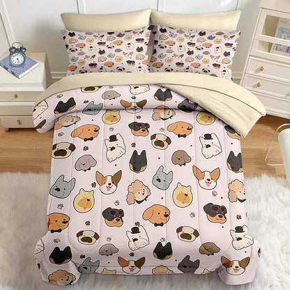 Nesker 7 Pcs Comforter Set Full Size, Kids Cute Cartoon Pug Puppy Bedding Set for Kids and Adults, Animal Dog Cream Bed Sheet Sets with Fitted Sheet 2 Pillowcases & 2 Shams