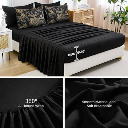 DJY Black Comforter Set King, 7 Pieces Black and Gold Botanical Comforters King Size Bed in a Bag Elegant Plants Print with Sheets Soft Microfiber Complete Bedding Sets for All Season