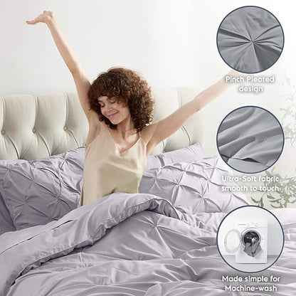 Nestl Full Size Comforter Set 7 Piece - Pinch Pleated Bedding Sets Full Grey Lavender, All Season Bed in a Bag Full Size Bed Set, Full Size Bed Sheets and Comforter Set with Pillowcases and Shams