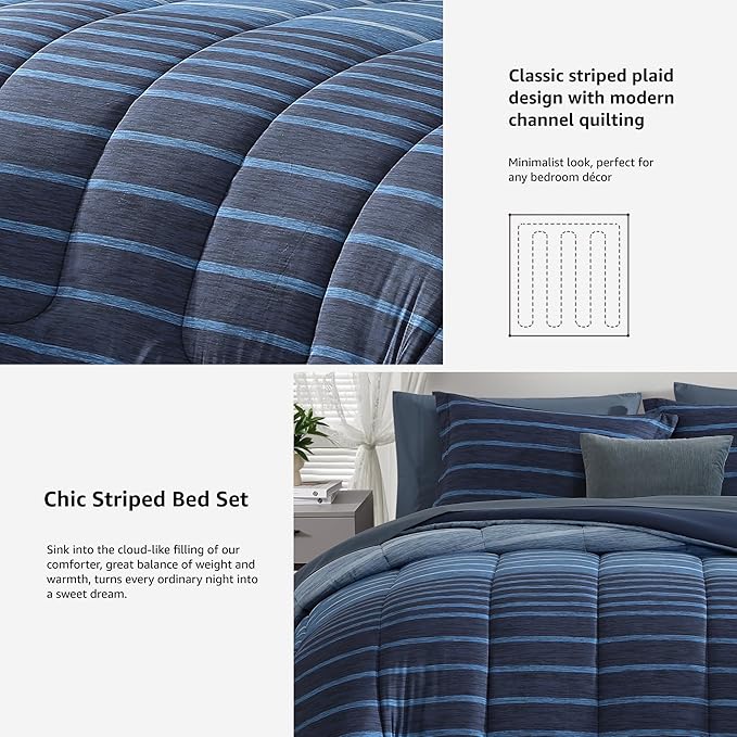 Monbix Queen Comforter Set - 7 Pieces Bed in a Bag Queen, Navy Blue-Stripe Bedding Sets, All Seasons Comforter Bed Set with Sheets, Pillowcases & Shams