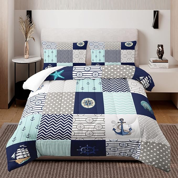 HOSIMA Nautical Comforter Set Queen,Plaid Patchwork Ocean Themed Bedding Sailboat and Anchor Print Kids Bedding Set for Boys Adult Kids Girls,Navy Blue Comforter Queen Size with 2 Pillow Shams.