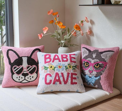 Cat with Glasses and Bow Wool Hook Pillow by The Pillow Shoppe, 16" Square