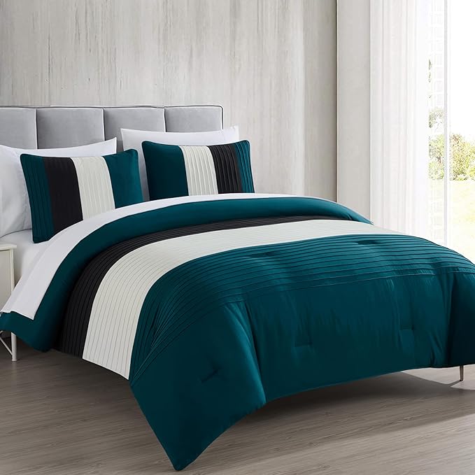 Chezmoi Collection Briar 7-Piece Full Bed in a Bag - All Season Lightweight Microfiber Comforter Set - Includes Sheets & Shams - Teal/Black/White Pleated Stripe Design