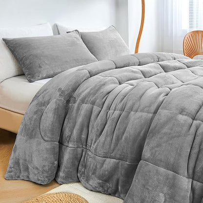 Faux Fur Comforter Set, Ultra Soft Warm Plush Velvet Comforter, Fluffy Fuzzy Fleece Bedding Comforter Sets for Fall Winter, No Shedding, 3PC, Queen Size, Light Grey
