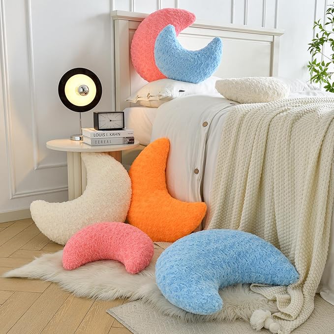 Moon Shaped Pillow with Soft Faux Fur for Couch, Bed, Sofa - Cute Half Moon Pillows with Room Decor for Bedroom, Living Room (14.9 Inches, Beige)