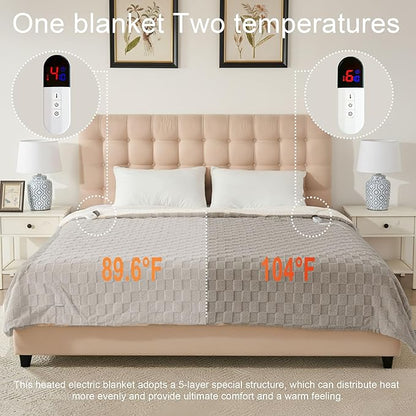 Electric Blanket, 84" x 90" Heated Blanket with 6 Heat Levels & 10 Hours Auto Off, Soft Checked Flannel Fast Heating Blanket with ETL & FCC Certification, Gray
