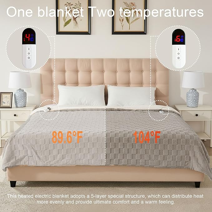 Electric Blanket, Heated Blanket with 6 Heat Levels & 10 Hours Auto Off, Soft Checked Flannel Fast Heating Blanket with ETL & FCC Certification (Gray, 90"X100")