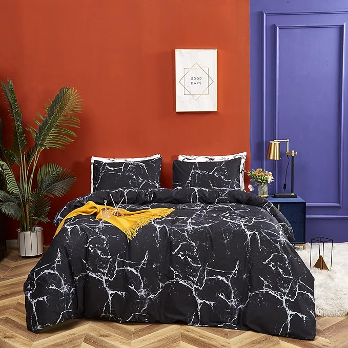 CLOTHKNOW Black White Full Size Comforter Sets 3Pcs Marble Bedding Comforter Sets Soft All Season Black Comforters with 2 x Pillow Cases