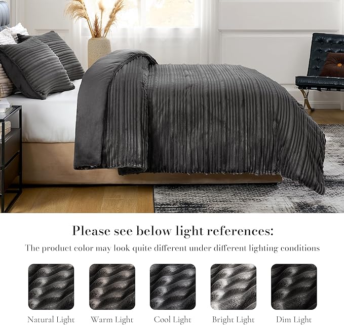 Amélie Home Luxury Flannel Fleece Twin Comforter Set,Soft Warm Striped Plush Bedding Set for Winter, 3 Pieces, 1 Cozy Comforter with 2 Pillowcases, Charcoal Gray, 68"x90"