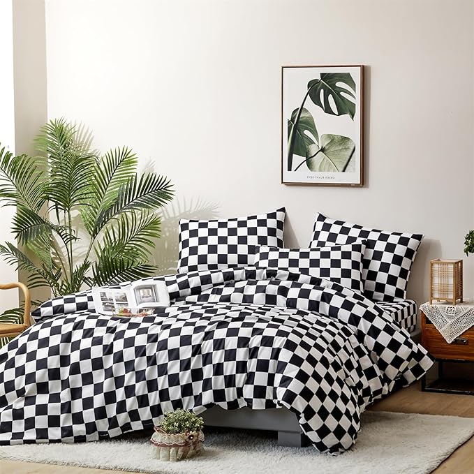 CLOTHKNOW Black White Grid Twin Comforter Sets Plaid Bedding Comforter Sets Soft Checker Black and White Comforter with 2 x Pillow Cases