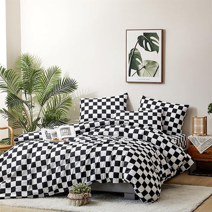 CLOTHKNOW Black White Grid Twin Comforter Sets Plaid Bedding Comforter Sets Soft Checker Black and White Comforter with 2 x Pillow Cases