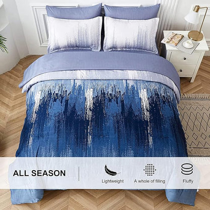 WONGS BEDDING Navy Blue Comforter Set Queen,7 Pieces Bed in a Bag Abstract Art Gradient Comforter Soft Microfiber Bedding Set with Comforter, Flat Sheet, Fitted Sheet, Pillow Shams,Pillowcases