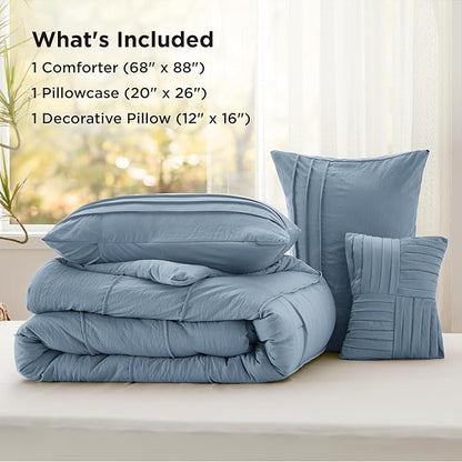 Bedsure Twin Comforter Set - 3 Pieces Pinch Pleat Bed Set, Light Blue Boho Bedding for All Season, 1 Soft Comforter, 1 Pillowcase, 1 Decorative Pillow