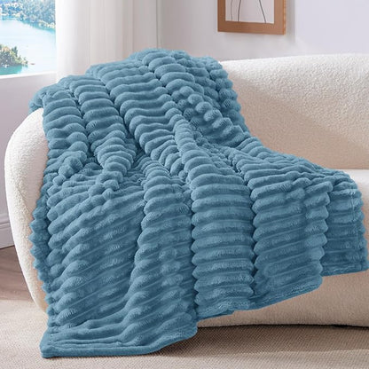 BEDELITE Fleece Throw Blanket for Couch - 300GSM Soft & Warm Fluffy Light Blue Blanket, Decorative and Giftable Striped Blankets for Women, Men, 50"x60"