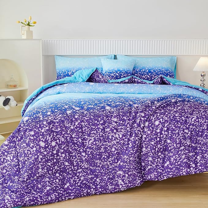 PERFEMET Purple Girls Twin Bedding Set - 6 Pieces Comforter Set with Sheets, Tie Dye Rainbow Bed-in-a-Bag, Sparkle Glitter Fluffy Kids Bedroom Bed Sets (Blue Purple, Twin)